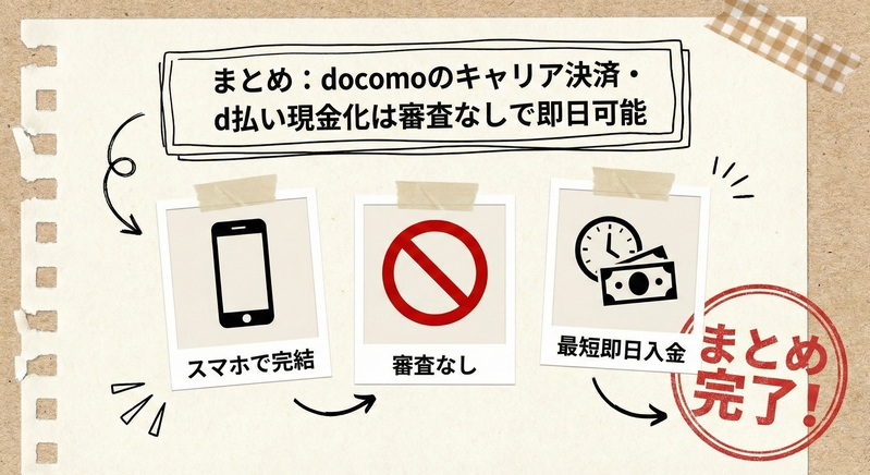 まとめ:docomoのキャリア決済・d払い現金化は審査なしで即日可能