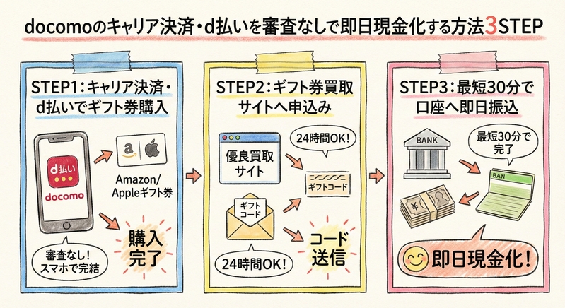 docomoのキャリア決済・d払いを審査なしで即日現金化する方法3STEP
