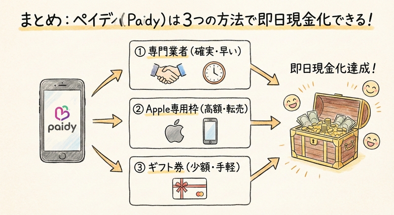 まとめ:ペイディ(Paidy)は3つの方法で即日現金化できる