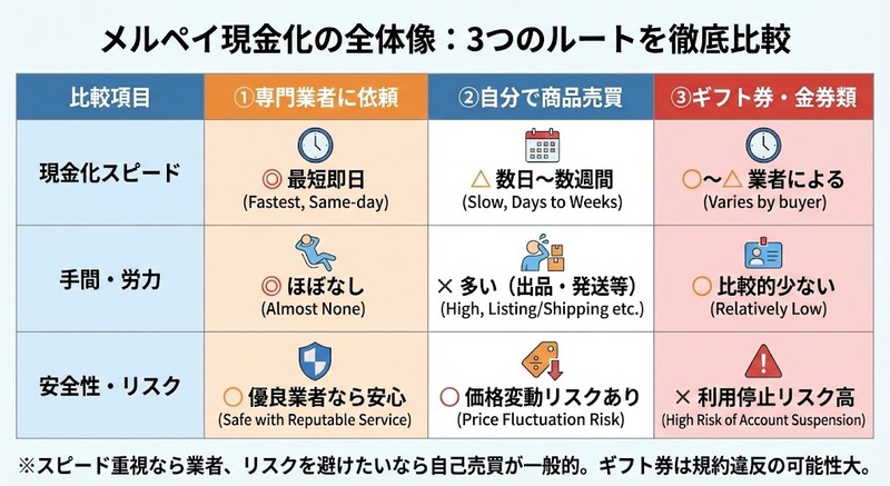 メルペイ現金化の全体像:3つのルートを徹底比較