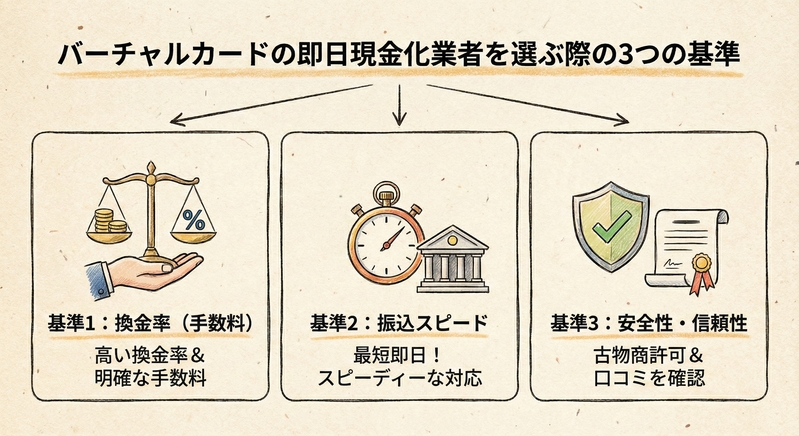 バーチャルカードの即日現金化業者を選ぶ際の3つの基準