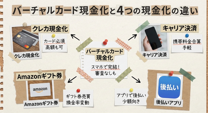 バーチャルカード現金化と4つの現金化の違い